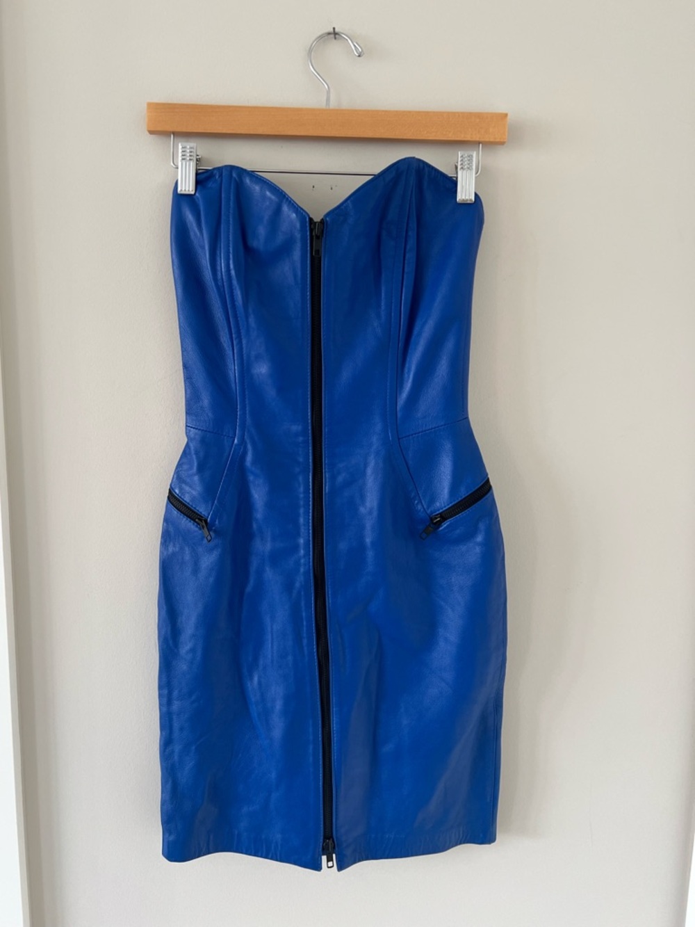 Michael Hoban Electric Blue Strapless Leather Mini Dress
